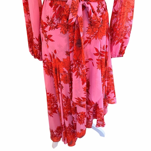 CAbi Pink/Red Chiffon Floral "Drama" Wrap Style Midi Dress #5614 S - Picture 6 of 12